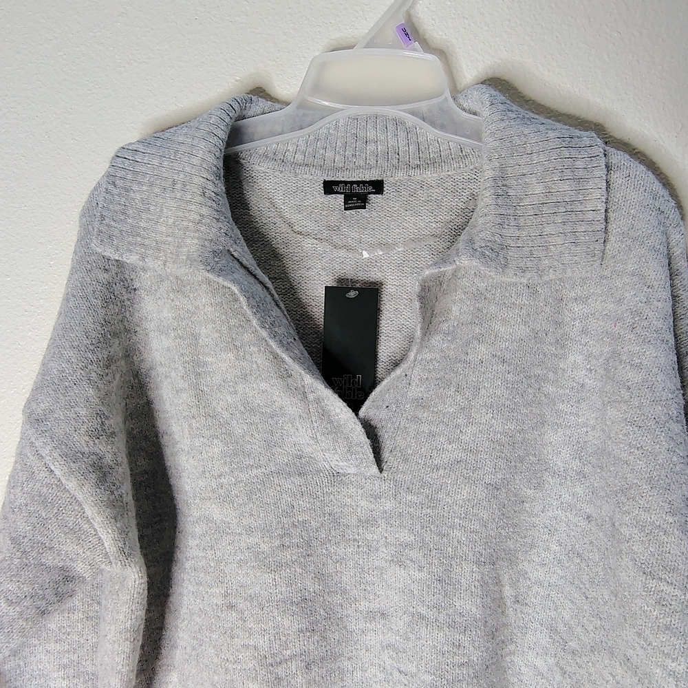 Wild Fable Women's Light Gray Collared V-Neck Long Sleeves Sweater Sz M New - Picture 10 of 15
